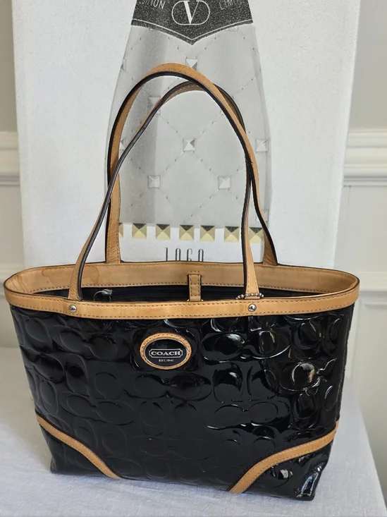 Coach Peyton Small Black Patent Leather Tote with Tan Leather Trim - Picture 1 of 9